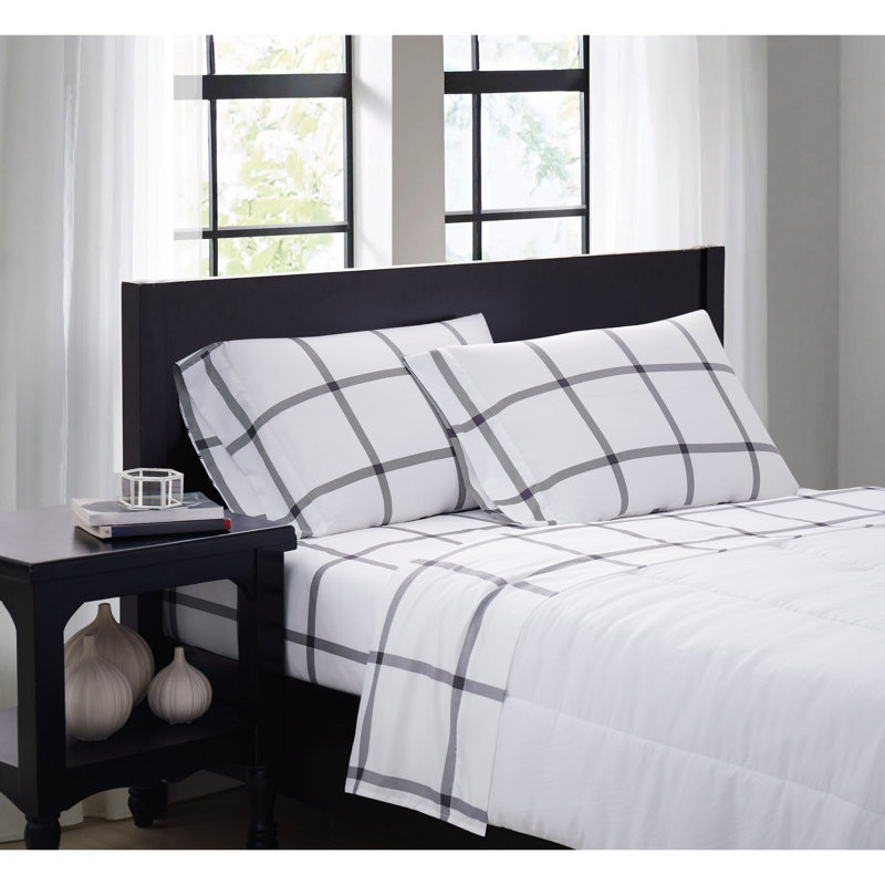 Truly Soft Printed Windowpane Microfiber Standard Plaid Sheet Set, Queen, White/Charcoal Gray