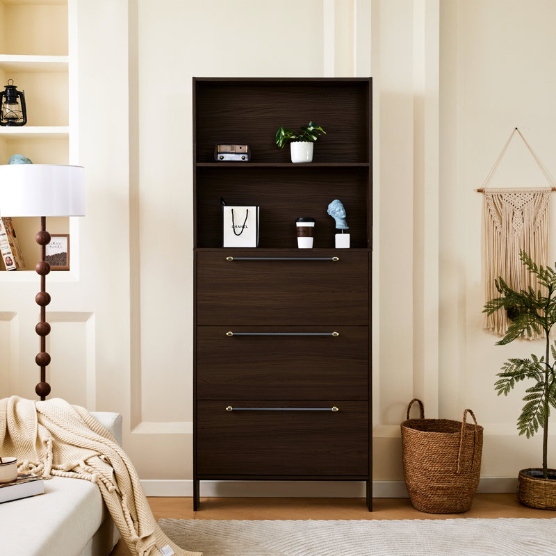 Armoire de rangement pour chaussures étroite avec 3 tiroirs rabattables. Économiseur d'espace de salon. Solide, finition noyer, poignées en métal pour les tiroirs. Finition. Poignées spacieuses