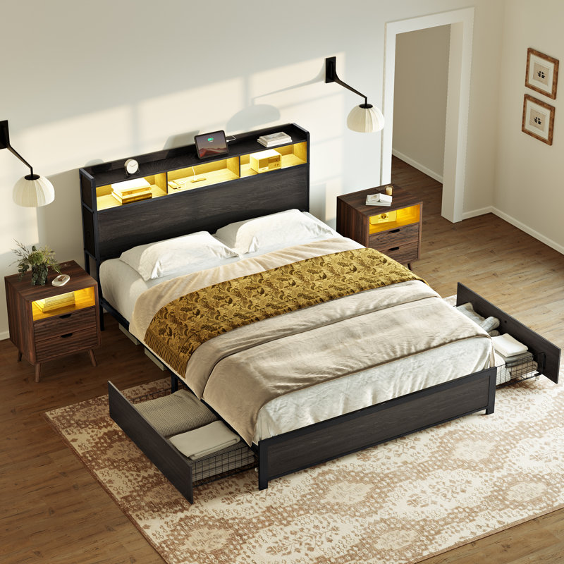 Ensemble de chambre à coucher 3 pièces, lit moderne avec 2 tiroirs et table de chevet 2 vagues, Black/Walnut, Lit double