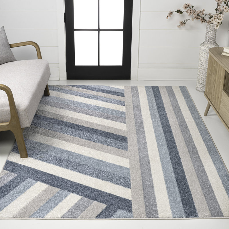 Huddersfield Rainbow Contemporary Stripe Blue/Cream/Gray Rug, Rectangle 5'3" x 7'7"
