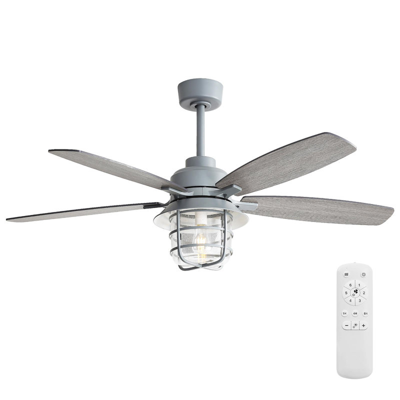 Ventilateur de plafond gris ciment 52 pouces avec lumière E26, abat-jour en verre, 5 pales en contreplaqué, moteur à courant continu silencieux, 6 vitesses de vent