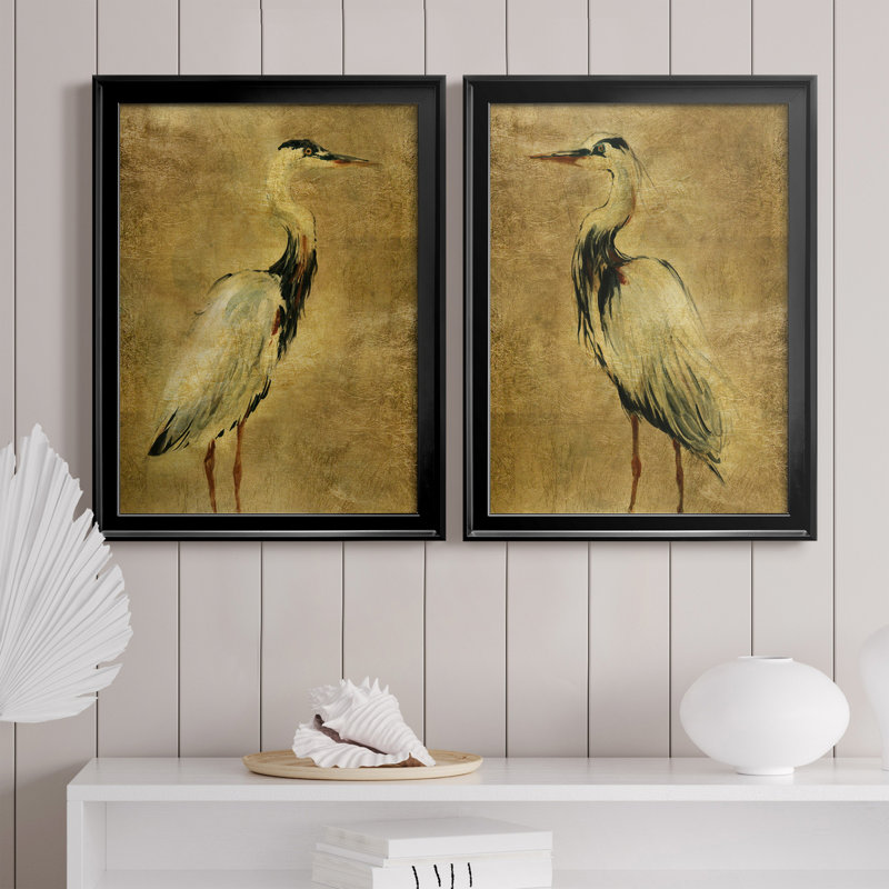 «Gold Crane at Dusk I», ensemble de 2 reproductions d'art sur toiles, H 22,5 po x l 61 po, Toile encadrée, Argent argent