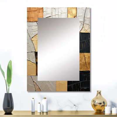 Or noir noir orné de poteries II - miroir spirales abstraites, miroir mural moderne unique, art imprimé en métal