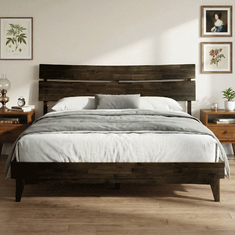 Acacia Aurora Premium Solid Wood Platform Bed Frame and High Headboard, Queen Bed Frame with Headboard Included, Mid Century Modern Bed Frame