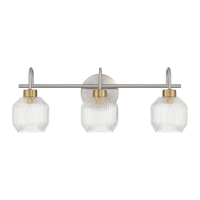 Folger 22-inch 3-light Brushed Nickel and Antique Brass Vanity Light with Clear Ribbed Glass Shades