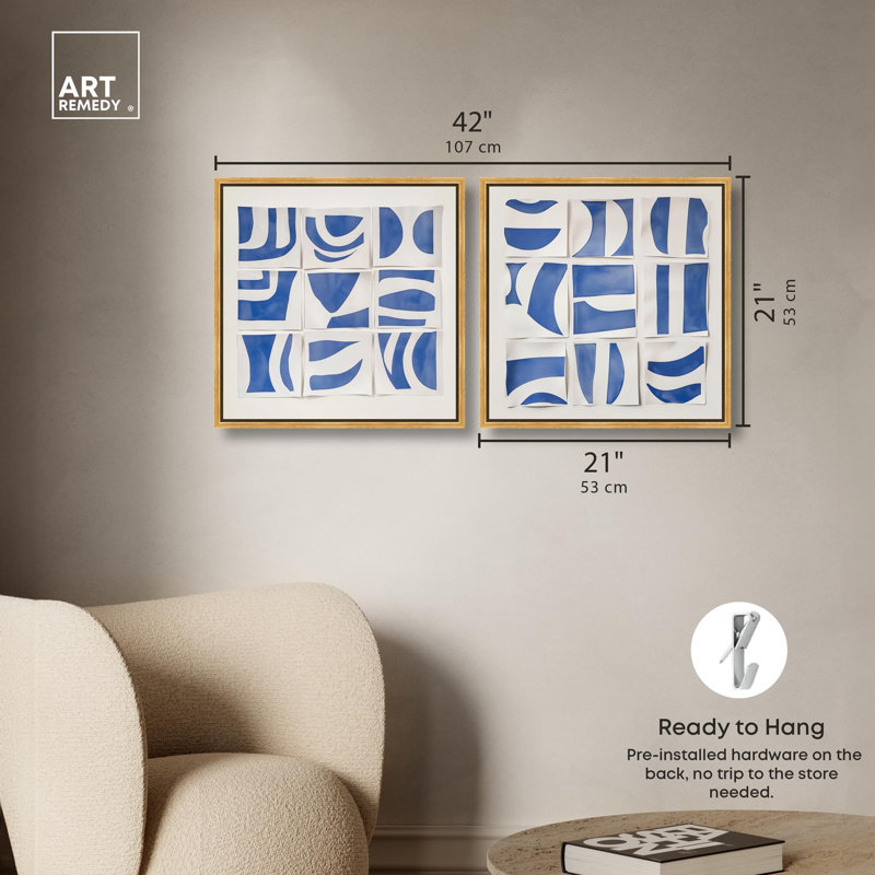 «Grids of Blue Harmony», reproduction d'art sur toile par Art Remedy, cadre doré, 20 x 20, H 21 po x l 21 po, Gold Frame