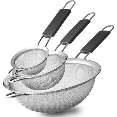 Crépines à mailles fines en acier inoxydable, ensemble de 3 tamis pour la cuisine, tamis à fil avec poignée isolée, passoire pour outils de cuisson, préparation des aliments, tamis à farine, riz, passoire à pâtes