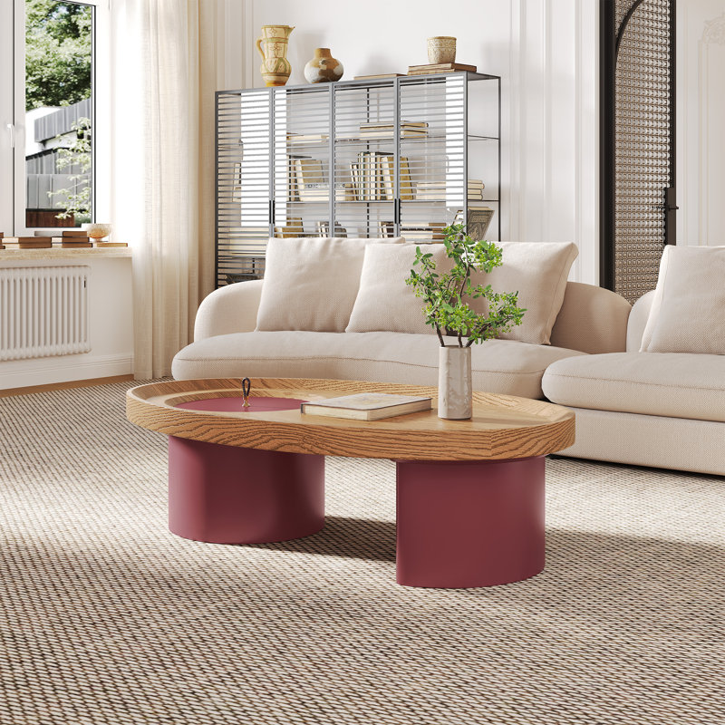 Table basse ovale moderne avec rangement et plateau en noyer
