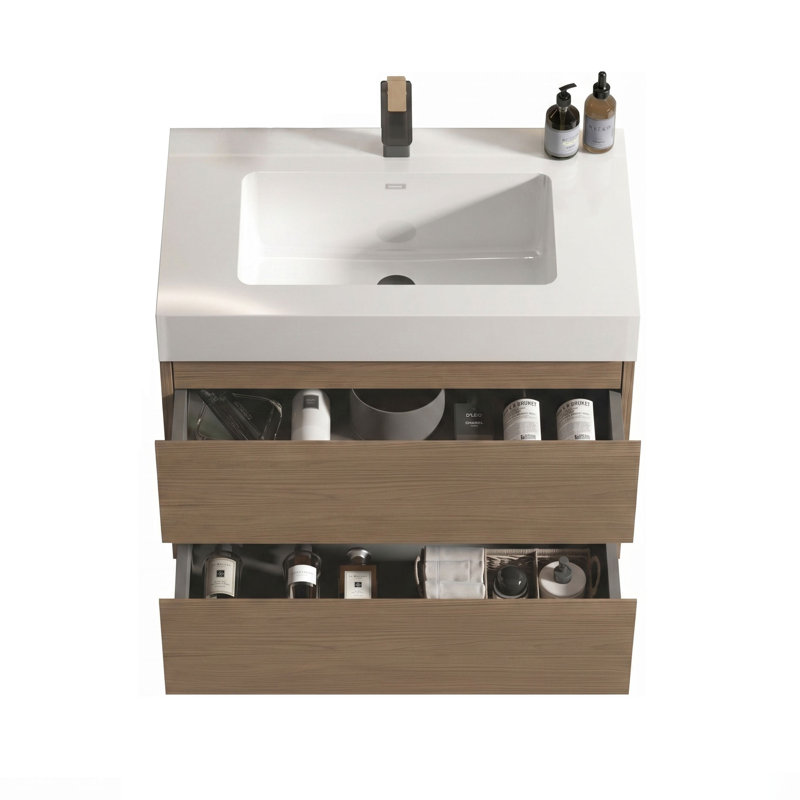 Meuble-lavabo mural avec surface solide et 2 tiroirs à fermeture en douceur, Chêne brut, 30", Blanc
