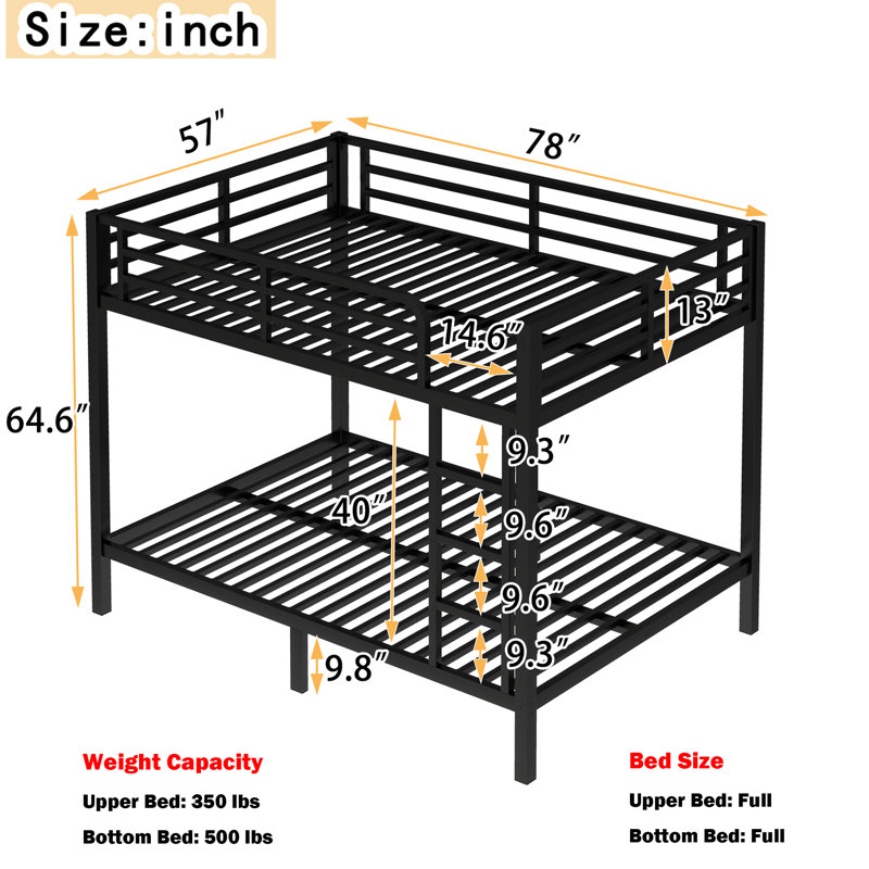 Structure de lit superposé en métal noir robuste pour enfants, adolescents et adultes, Lit superposé double sur double