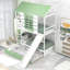 Lit superposé simple au-dessus de simple avec glissière convertible et lit gigogne, blanc et vert