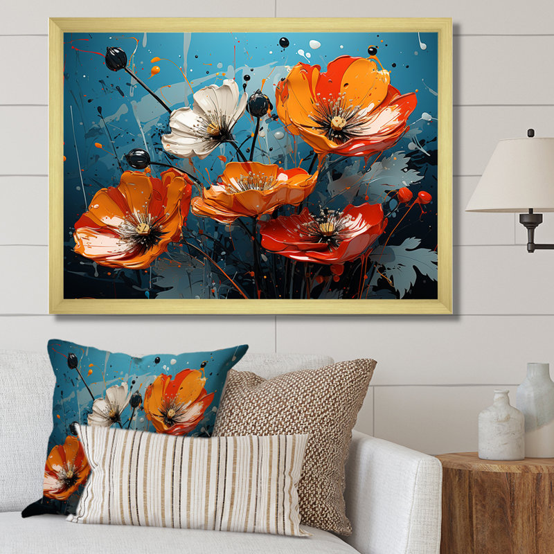 Bouquet de coquelicots orange et bleu I - coquelicots, art mural, Cadre doré à coins fermés, H 34 po x l 44 po x P 1,5 po