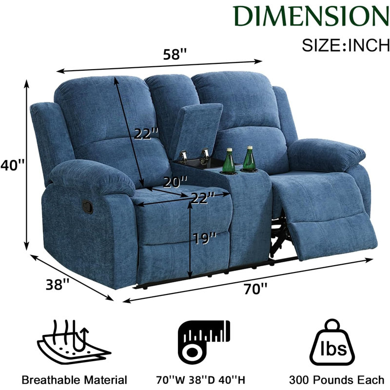 69" Manual Recliner Loveseat With Cup Holders &  Storage, Blue