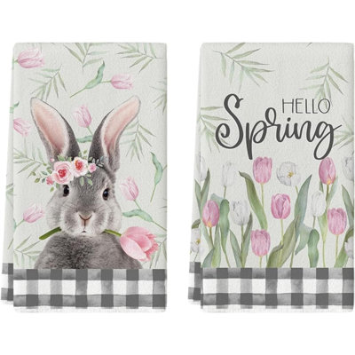 Buffalo Plaid Bunny Rabbit Flowers Hello Spring Easter Kitchen Towels Dish Towels,  Seasonal Decoration Hand Towels Set Of 2