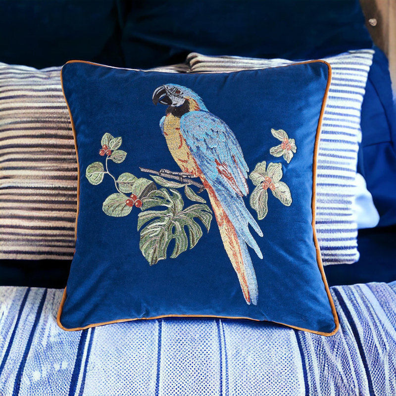 Embroidered Velvet Reversible Pillow Cover, Blue