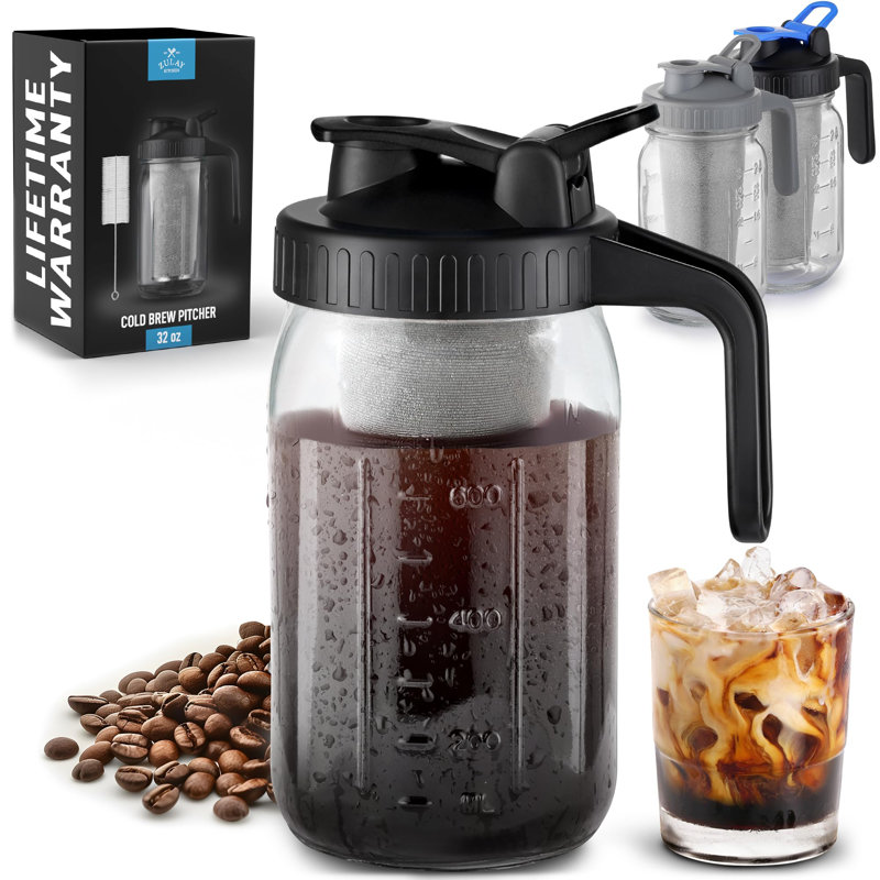 Zulay 32oz Cold Brew Maker - Mason Jar Glass, Leak-Proof Lid, Fine-Mesh Stainless Steel Filter, 4 Cups, Black
