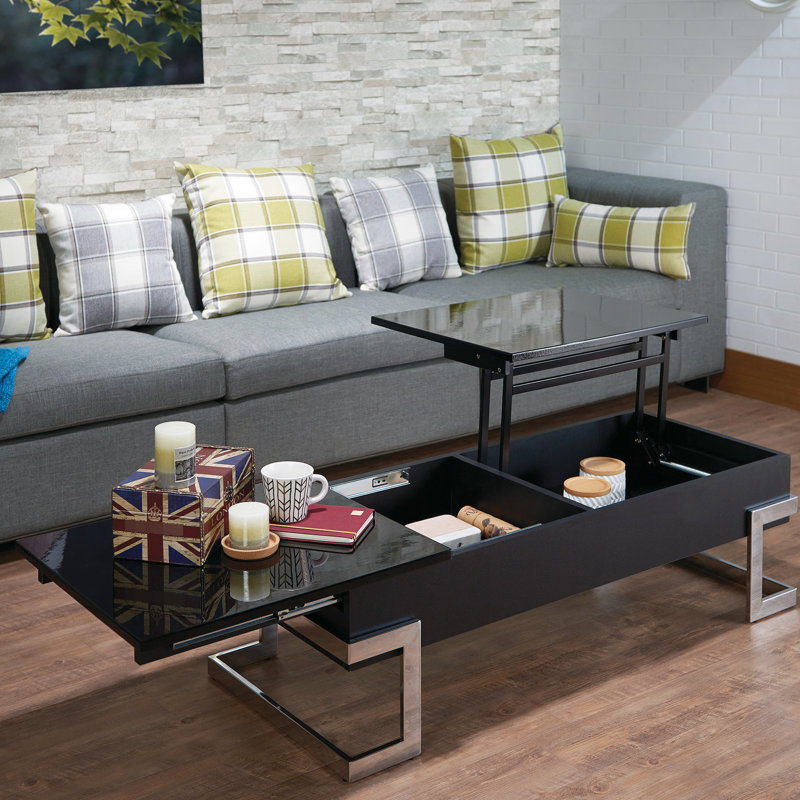 Table basse haute brillance Allsup avec couvercle relevable et espace de rangement luxueusement aménagé, Noir