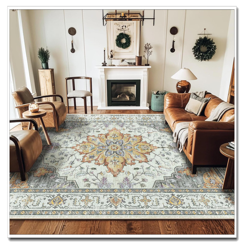 5'X7' Washable Non-Slip Area Rug - Sunflower Series Floral Vintage Distress Medallion Print (Light Gray Grey White) For Living Room Bedroom