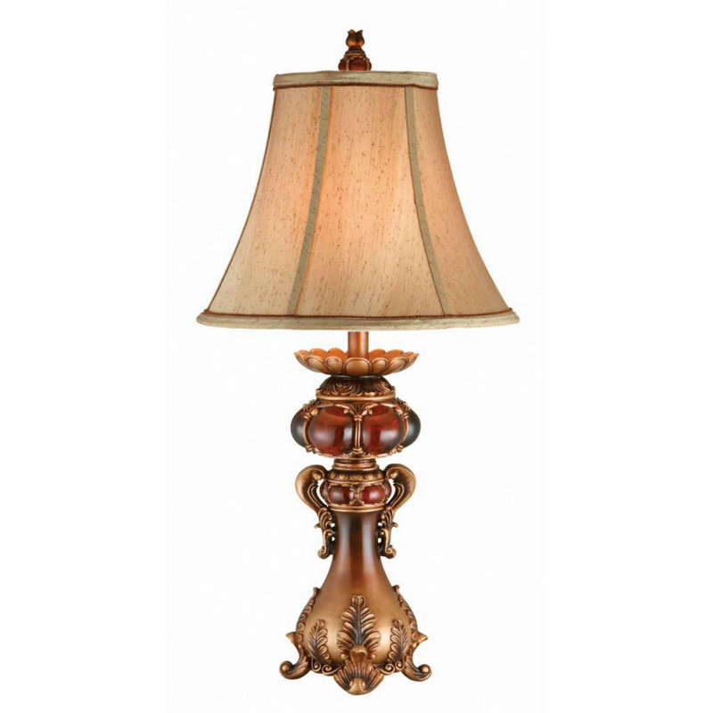 Lampe de table haute en polyrésine 31 "avec finition rouge et brune, abat-jour en lin