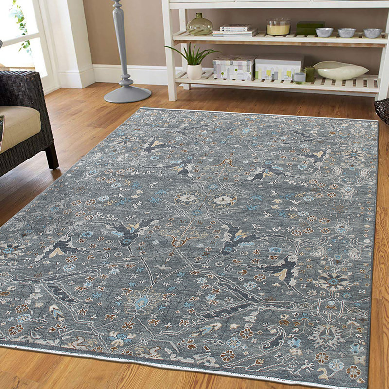 Tapis gris / bleu en laine noué à la main Hillard, Rectangle 9 pi x 12 pi