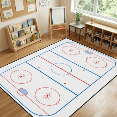 10 x 14 enfants apprenant les tapis tapis lavables pour la salle de classe, illustré patinoire de hockey rouge bleu marquages retour à l'école tapis d'apprentissage pour la maternelle préscolaire à envers en caoutchouc souple antidérapant