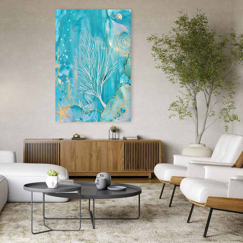Océan, corail, sérénité abstraite, étoile de mer, paysage côtier, art mural, H 48 po x l 32 po