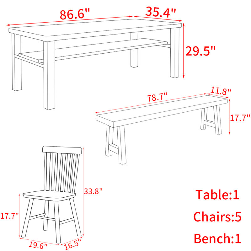 Modern simple solid wood dining table set., 29.5"H x 86.6"L x 35.4"W