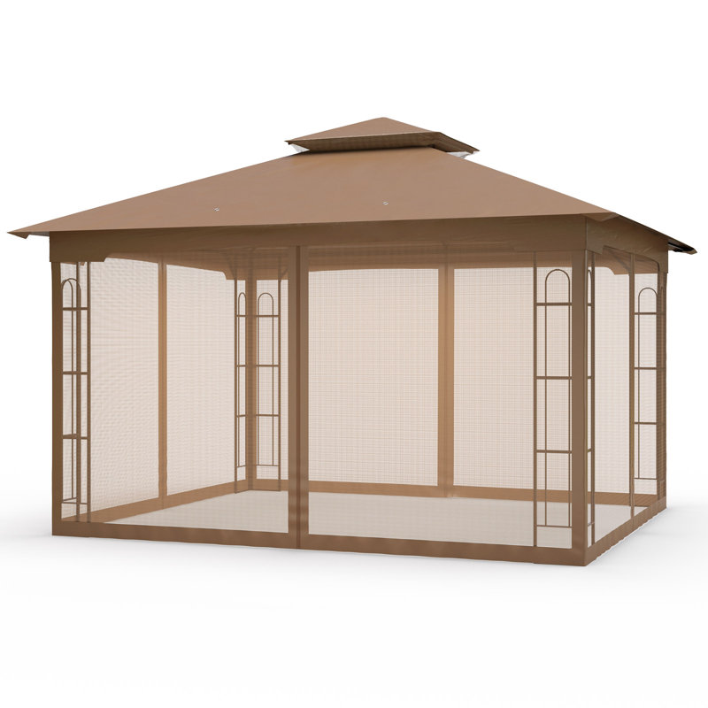 13 Ft. W x 11 Ft. D Steel Patio Gazebo with Netting, Brown