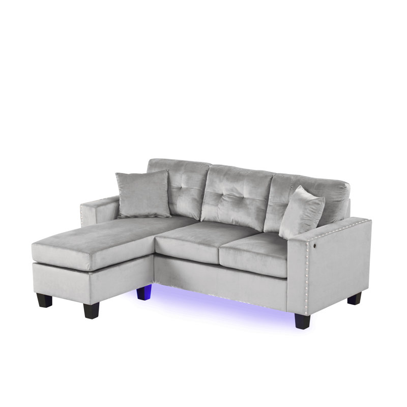 Renza 74 Inch Reversible Sectional Sofa W Chaise, LED USB, Velvet, Gray Velvet