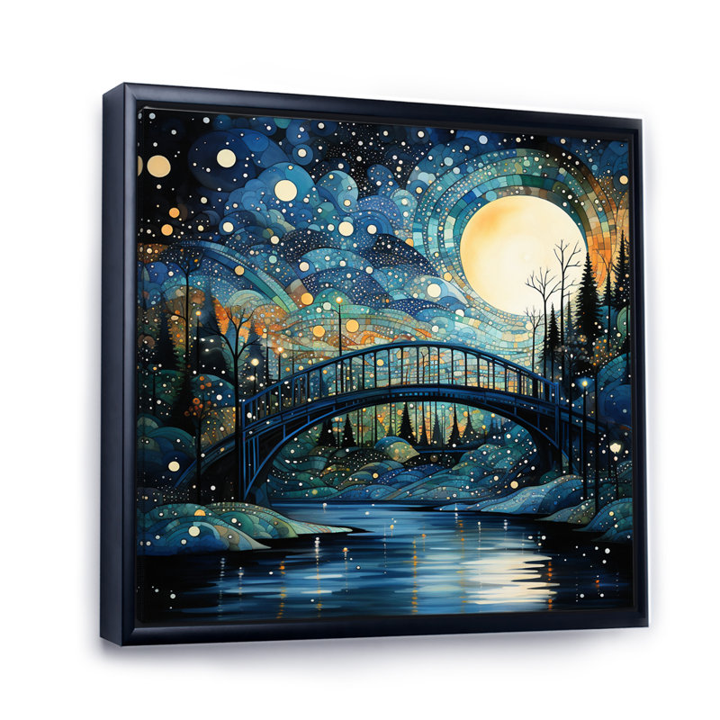 Teal Bridge Flowing Connections Pointillism II - Pointillism Wall Art Living Room, 24" H x 24" W, Cadre flottant noir