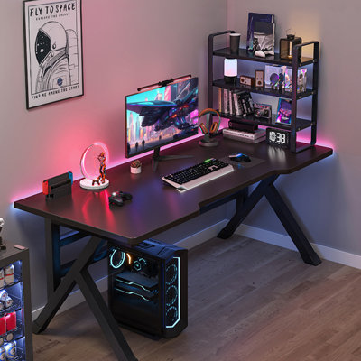 Nivedh Gaming Desk, Ergonomic Computer Game Table with X-shaped Steel Legs, Sturdy PC Workstation Desk for Home Office with Cable Holes