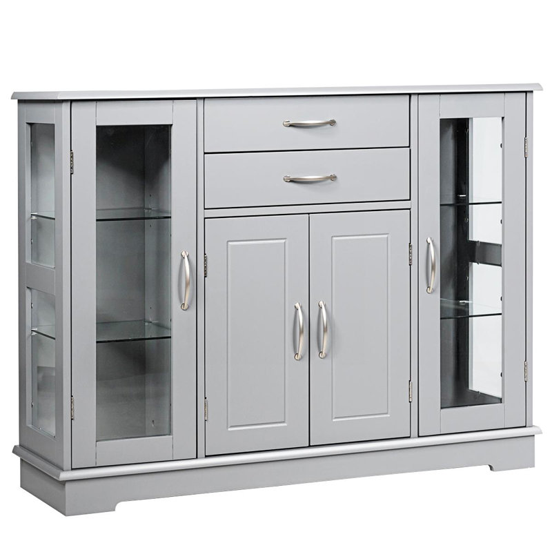 Buffet Winston Porter, armoire de rangement pour buffet avec tablettes réglables intérieures, porte et tiroirs en verre, gris