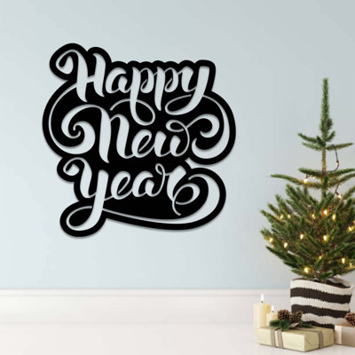 Happy New Year Script Metal Wall Art - Festive Celebration Decor - Modern Calligraphy Style New Year Sign - Minimalist Script Wall Hanging - Industrial Metal Sculpture - Seasonal Home Decoration - Bold Statement Art Piece