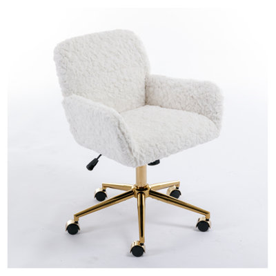  Office Chair, Artificial Rabbit Hair Home Office Chair with Golden Metal Base, Adjustable Desk Chair Swivel Office Chair, Vanity Chair, Beige