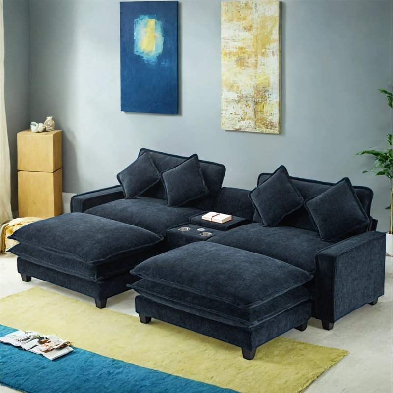 Canapé-lit convertible à double coussin ajustable avec coussins, ports USB et 2 repose-pieds amovibles, Bleu
