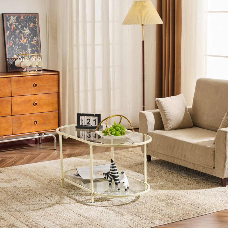 Structure ovale en fer beige et table basse à double couche en verre transparent, Beige