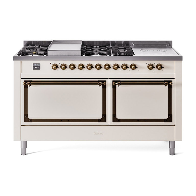 ILVE Nostalgie II Noblesse 60 in Dual Fuel Range 7 Burner, Griddle, Frenchtop, Liquid Propane, Antique White/Burnished