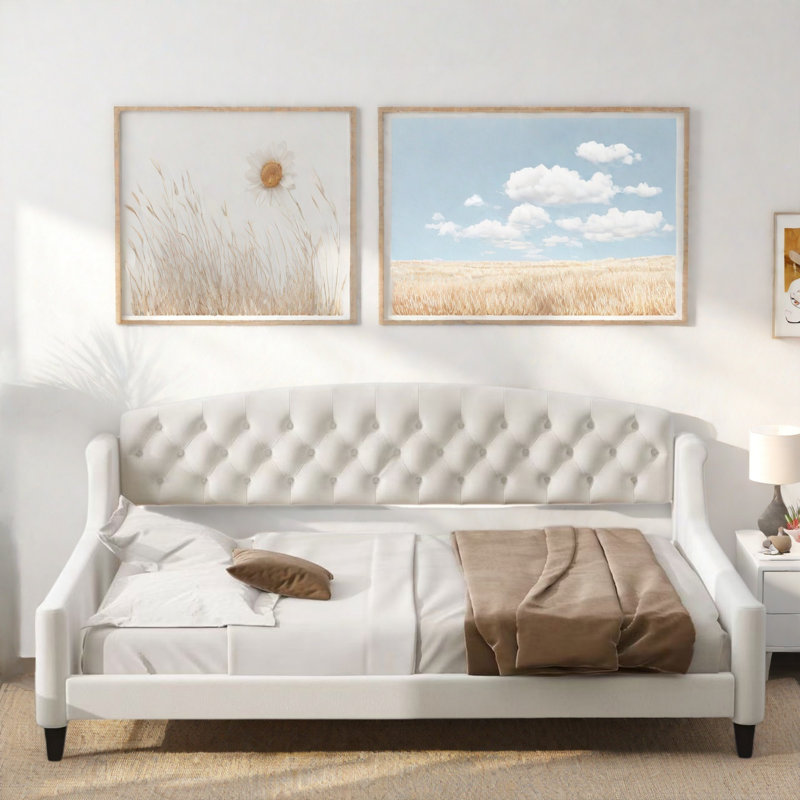 Modern Daybed With Tufted Button And Solid Legs, Beige