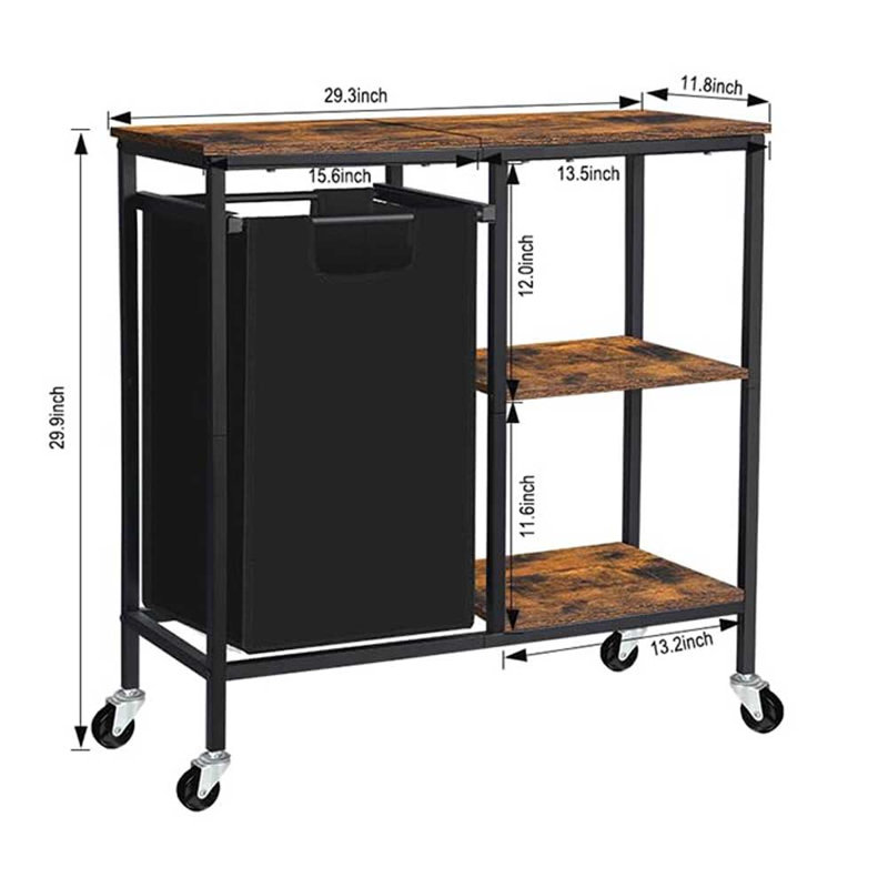 Panier à linge industriel avec étagères de rangement, support pour poubelle/panier à linge rustique de 74,4 cm (29,3 po) avec plateau en bois, structure en métal noir mat et 2 étagères.