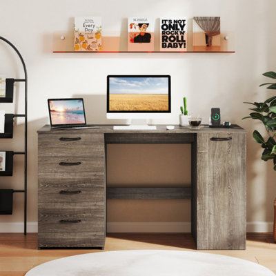53 Inches Computer Desk With Power Outlets And 4 Storage Drawers