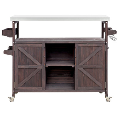 Îlot de cuisine extérieur, chariot à roulettes et armoire de rangement, table de barbecue d'extérieur en bois massif avec plateau en acier inoxydable, porte-épices, porte-serviettes pour la cuisine et le barbecue, brun foncé