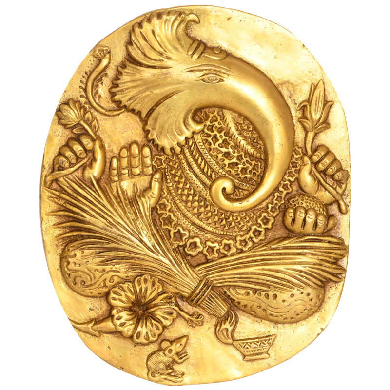 Handcrafted 9" Brass Lord Ganesha Wall Hanging Relief Plate - Traditional Indian Spiritual Art Panel for Entrance Protection & Sacred Home Decor