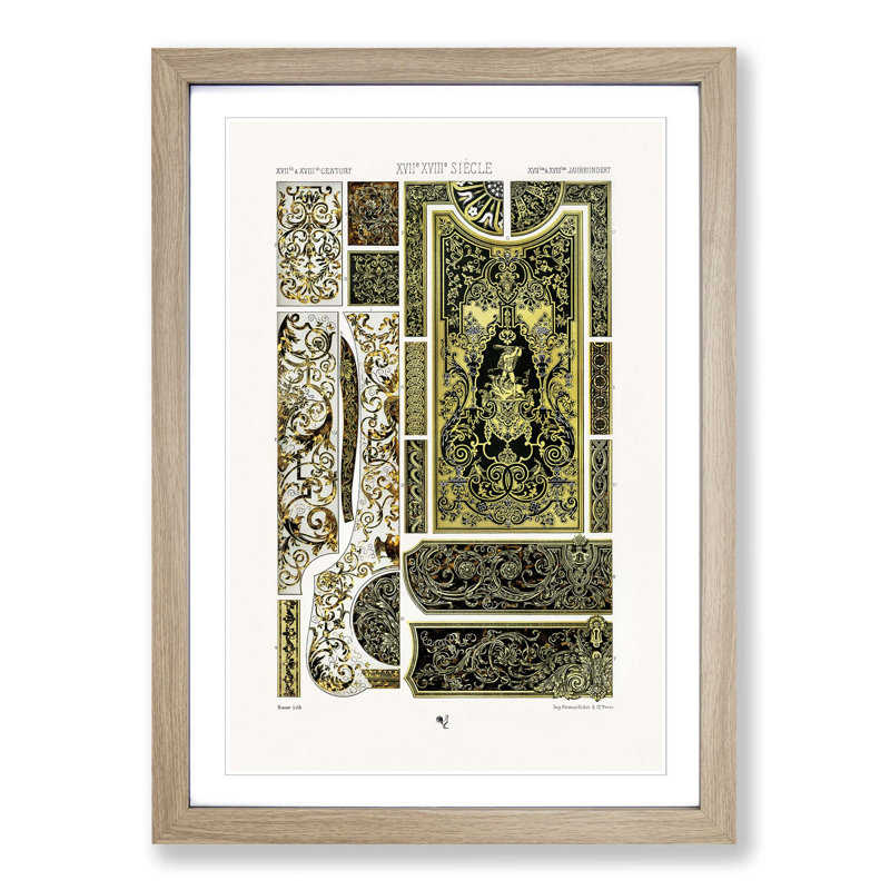 17th and 18th Century Pattern with Scrolls and Birds by Albert Racinet - Picture Frame Print, Oak Framed
