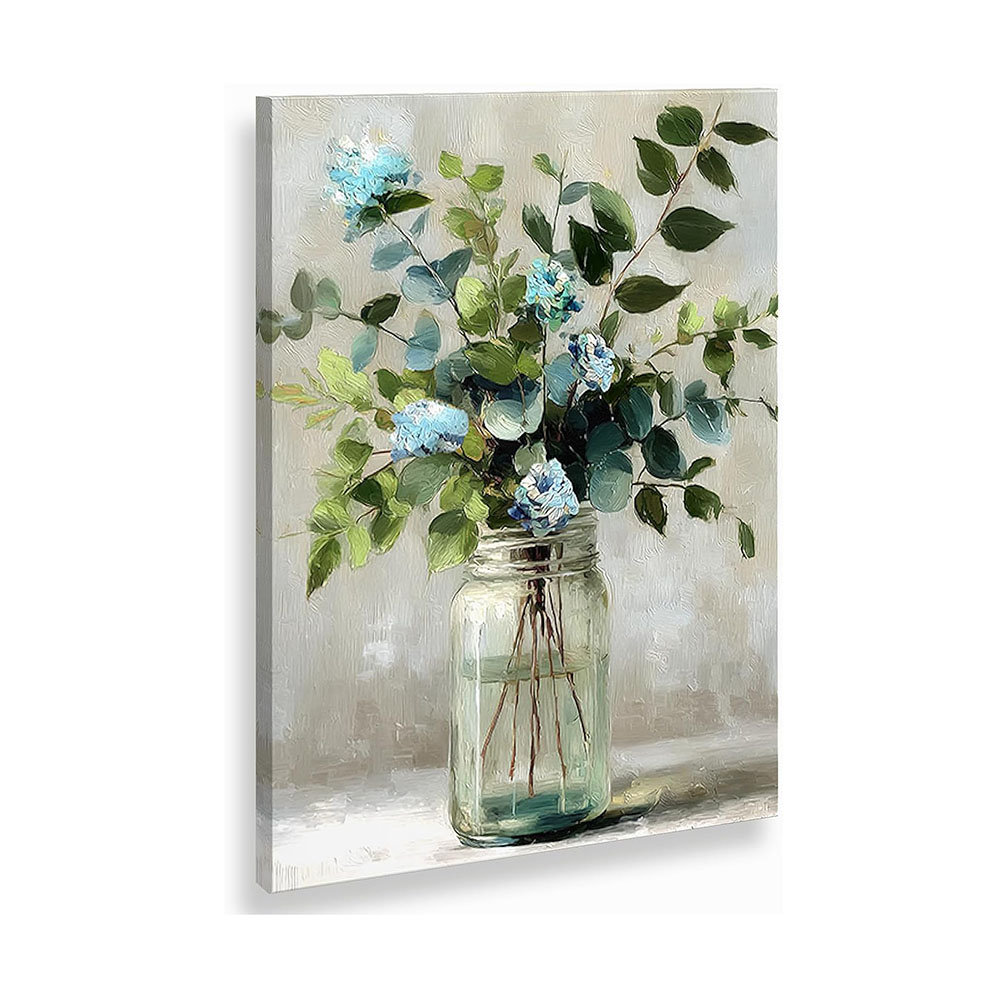 Blue Flower With Green Leaves Canvas Wall Art, Farmhouse Rustic Floral Art Prints For Living Room, Vintage Bathroom Painting Poster, Plants Picture Ki