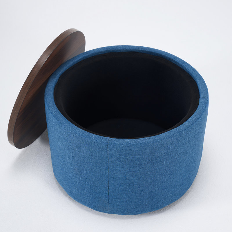 Repose-pieds rond en lin bleu avec rangement caché et plateau en bois, 2 pour la chambre à coucher, 41 à usage multifonctionnel, espace confortable, bureau à haute structure en mousse, pratique