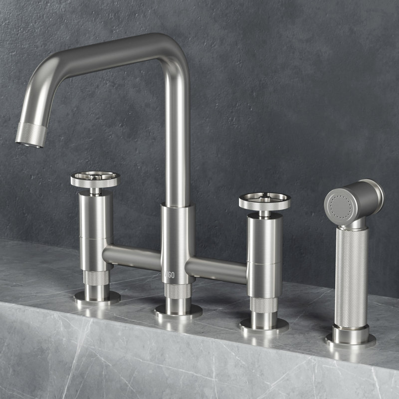 Cass 12" H 2-handle Bridge Kitchen Faucet with Side Sprayer, Stainless Steel