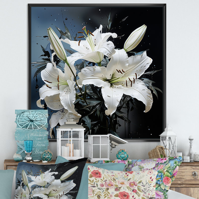 Breloque lis blanc et bleu I, Cadre flottant noir, H 16 po x l 16 po x P 1 po