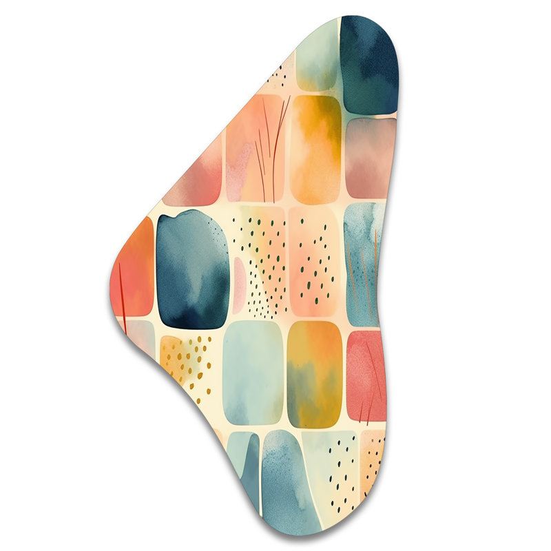 «Orange Fun Motif of Shapes III», art géométrique abstrait en forme de Boomerang mural en métal, H 39 po x l 21 po