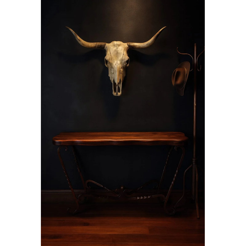 72" Artisan Crafted Mesquite Wood Console Table: Rustic Free Form Modern Entryway Table With Forged Iron Base