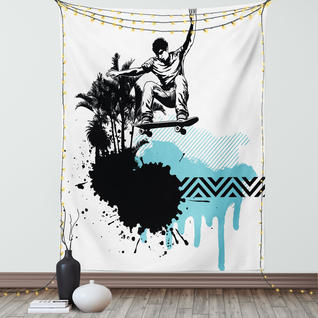 Wandbehang Junger Junge Skater Springen Exotische Sport Thema Motley Skateboarding Illustration